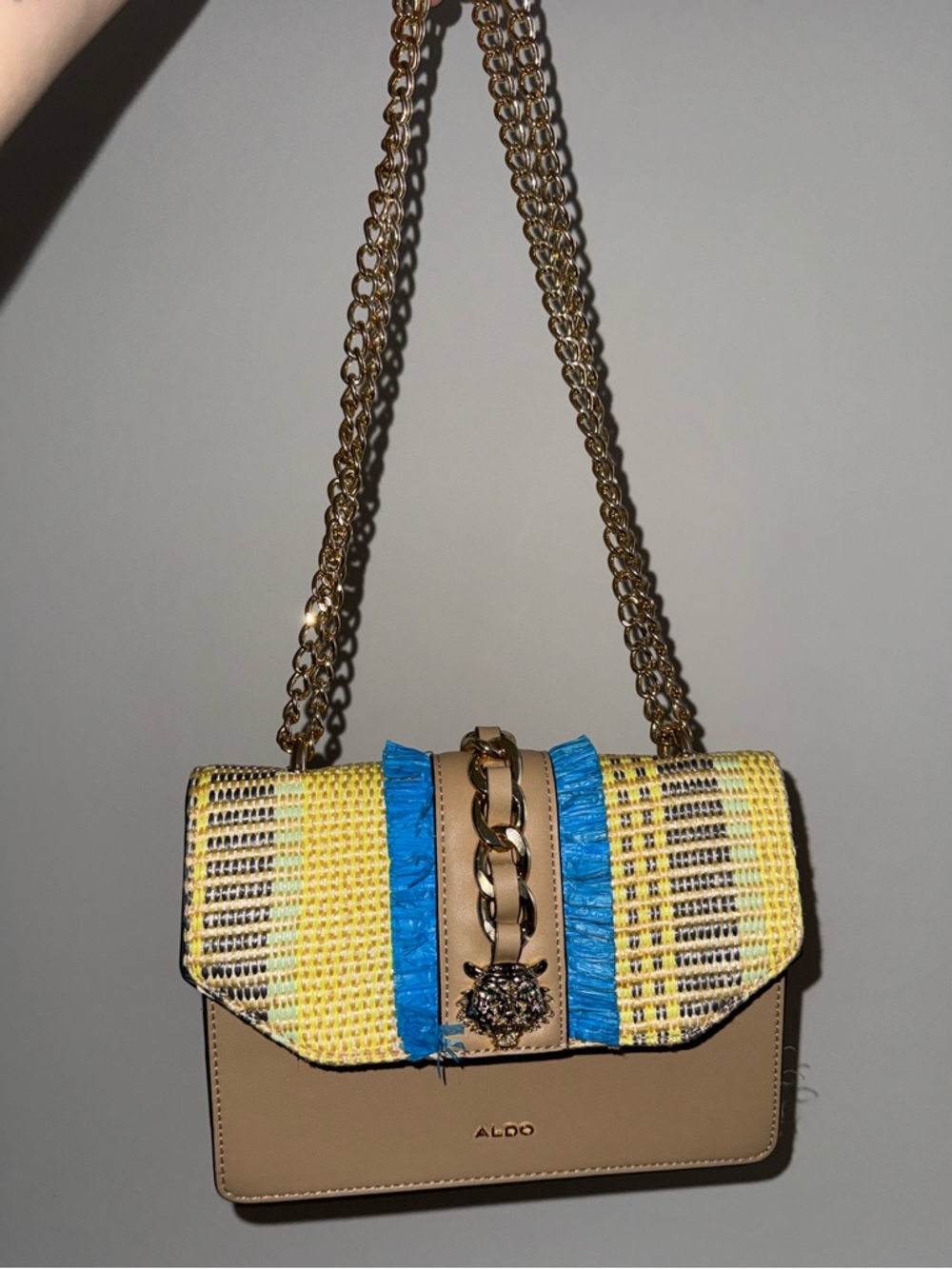 Aldo Tan Crossbody Bag with Yellow & Blue Woven Flap